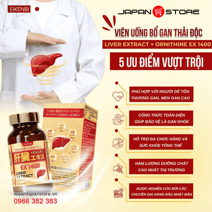 Viên Uống Bổ Gan LIVER EXTRACT + Ornithine Ex 1400 Eikenbi – Thải Độc Gan, Giảm Men Gan Hiệu Quả 3-3