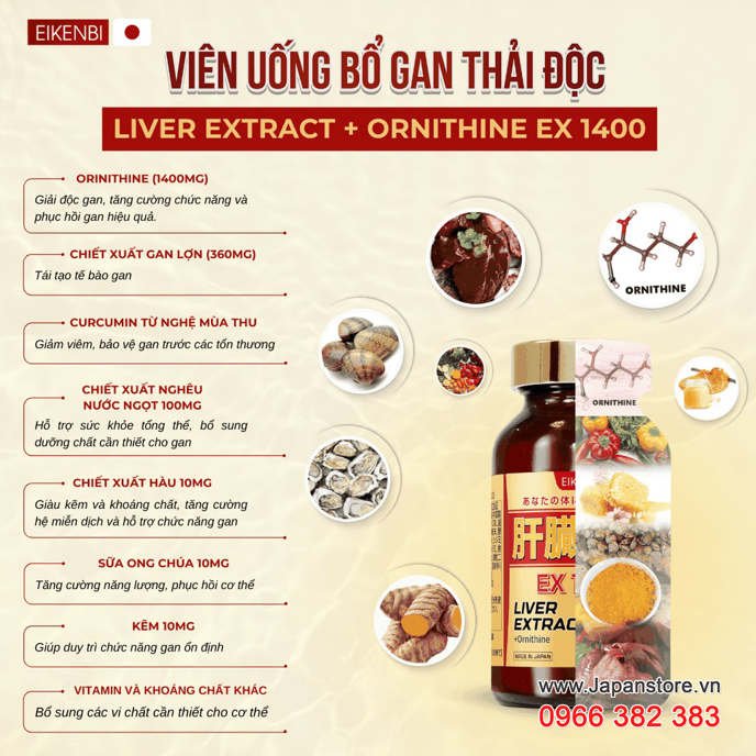 Viên Uống Bổ Gan LIVER EXTRACT + Ornithine Ex 1400 Eikenbi – Thải Độc Gan, Giảm Men Gan Hiệu Quả 9-9